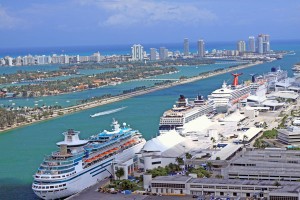 Overhead view of cruise ships at the Port of Miami